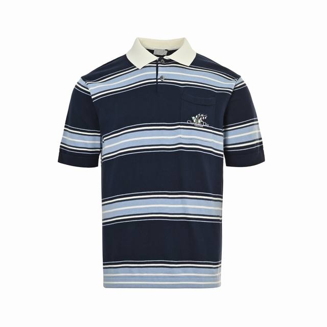 Dior 25Ss Lily of the Valley embroidered striped knitted Polo short sleeves Made