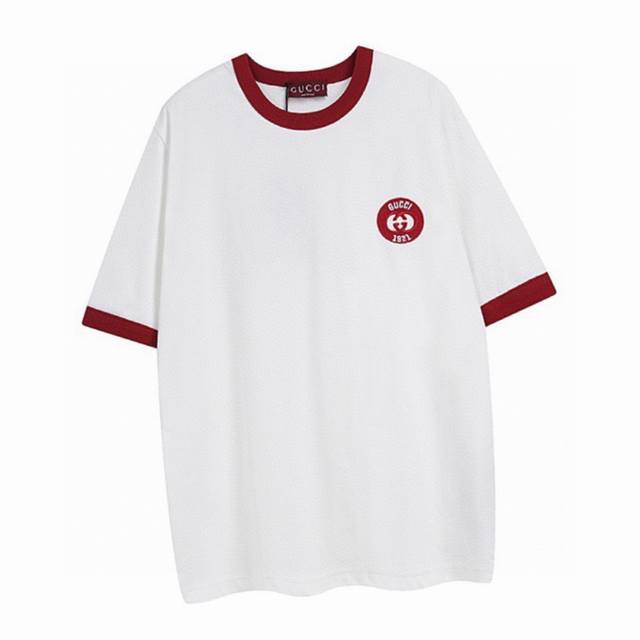 Gucci Summer new classic embroidered red collar stitching round neck short-sleev
