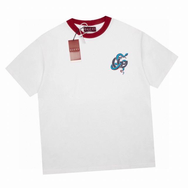 Gucci Summer new blue snake print round neck short sleeve T-shirt, red ribbed ne