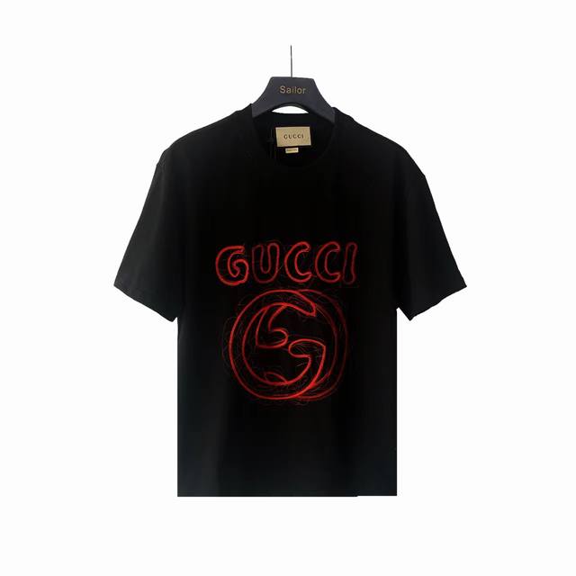 Actual details + size chart Gucci hand-painted custom embroidered logo round nec