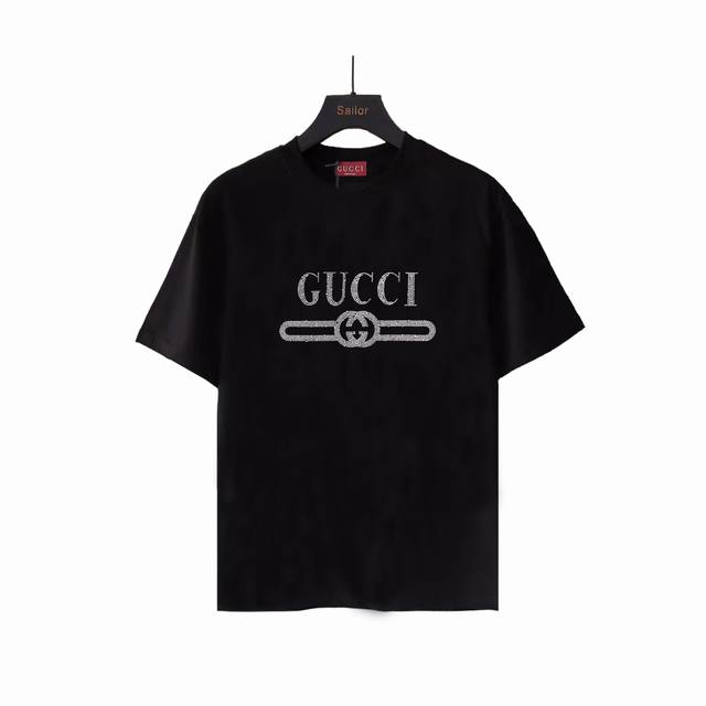 Actual details + size chart Gucci diamond-studded double Glogo round neck T-shir