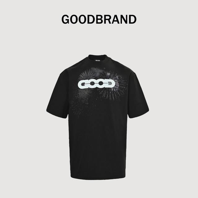 Goodbrand Ss25 Fireworks Logo Short Sleeve T-shirt Unisex 350g fabric Color: Bla