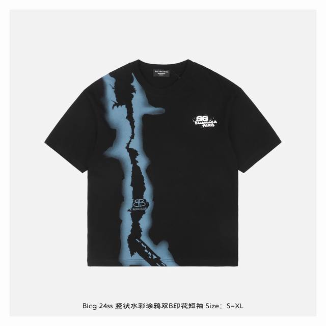 Balenciaga 24Ss vertical watercolor graffiti double B print short sleeves The fa