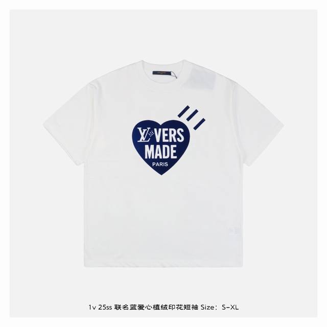 Lv 25Ss co-branded blue heart flocking print short sleeves Customized original c