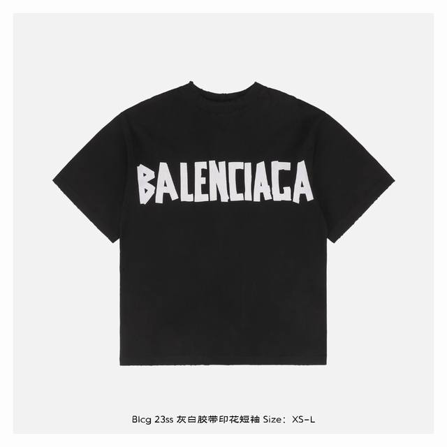Balenciaga 23Ss gray and white tape print short sleeves The fabric is woven with