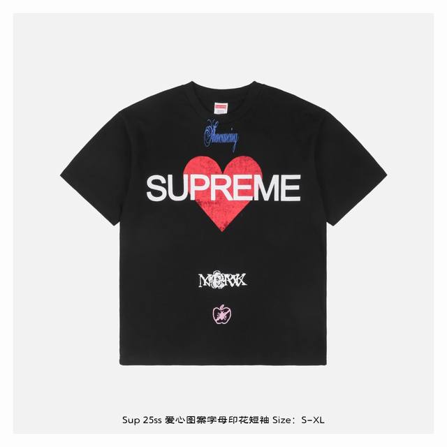 Supreme 25Ss heart pattern letter print short sleeves The fabric is made of heav