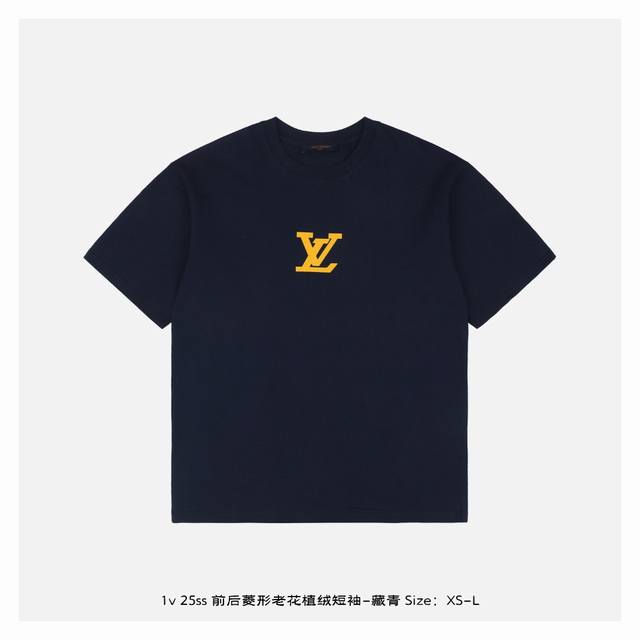 Lv 25Ss Front and back diamond old flower flocked short sleeves - navy blue The