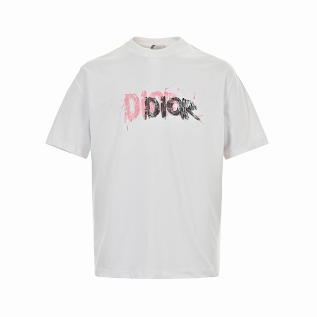 Dior 24Ss hand-painted graffiti letter print short sleeves 280g double yarn fabr