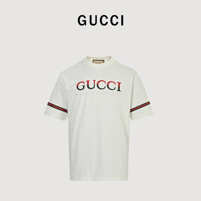 Gucci Guc red and green three-dimensional embroidered ribbon short-sleeved T-shi
