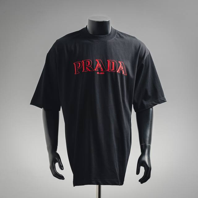 Prada 25Ss 3D ghosting letter embroidery short-sleeved T-shirt Classic 3D ghosti