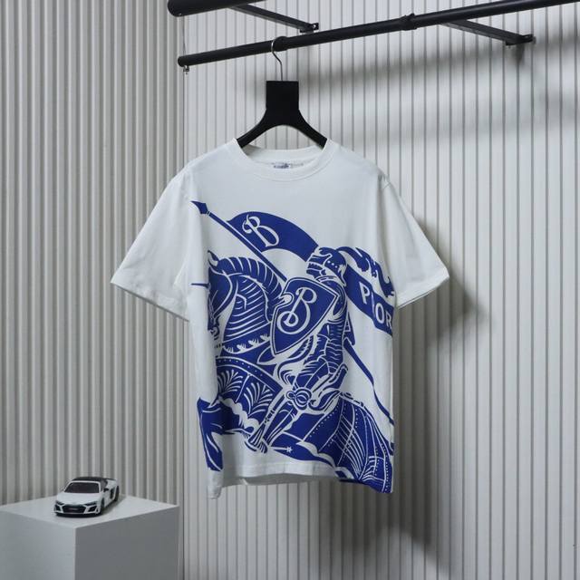 Burberry 24Ss Knight Warhorse Print Short Sleeves, color-matching fixed-dyed lin