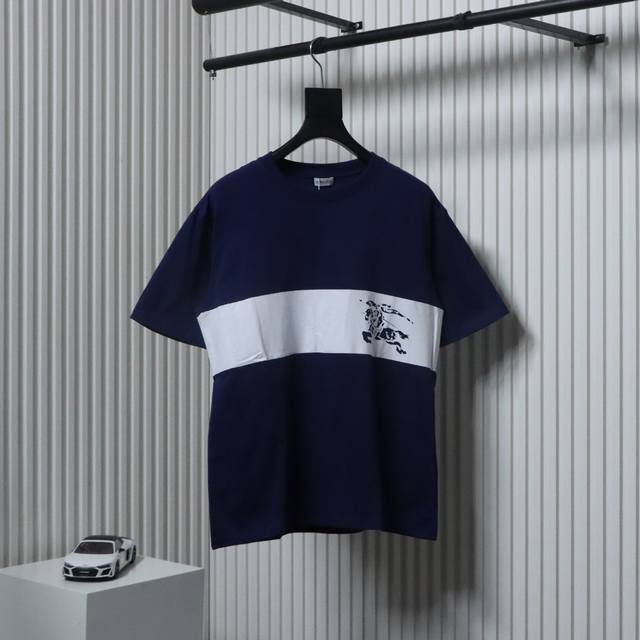 Burberry 24Ss white horizontal striped warhorse print short sleeves are made of