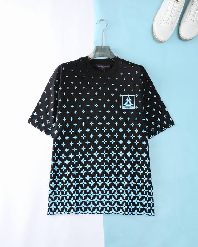 Lou V Road*Deng 25Ss new mercerized cloud cotton round neck short tee, blue grad
