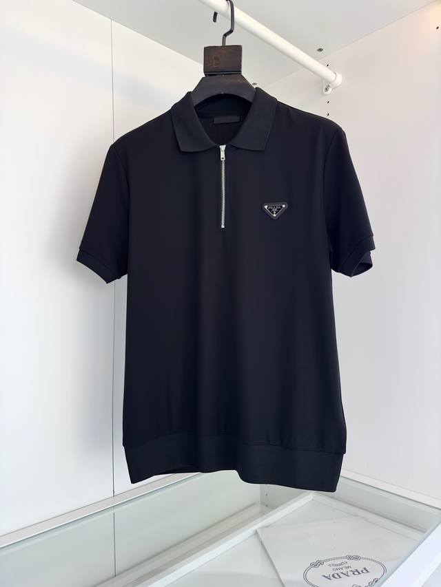 Pr**A 2025 is on sale!! Zipper placket lapel short-sleeved Polo shirt Zipper pla