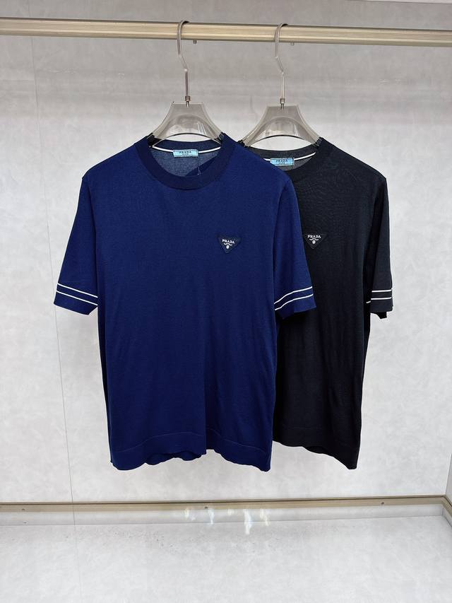Prada 2025 high-end Tencel round short-sleeved sweater solid color simple style