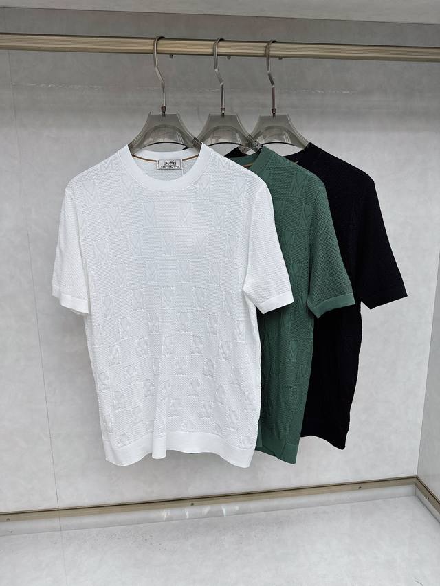Hermes 2025 high-end Tencel round short-sleeved sweater solid color simple style