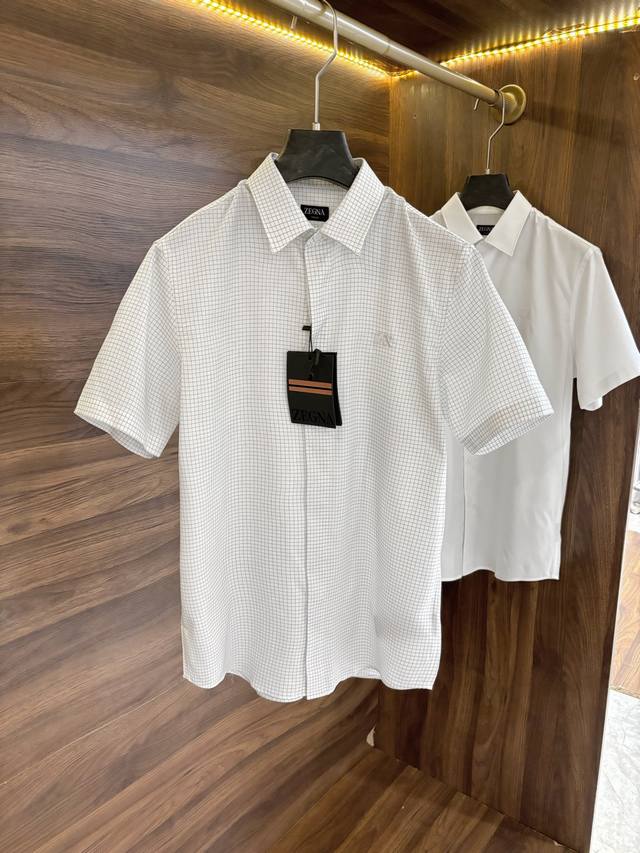 New# Zegna men's business casual plaid short-sleeved shirt, top-level foreign ch