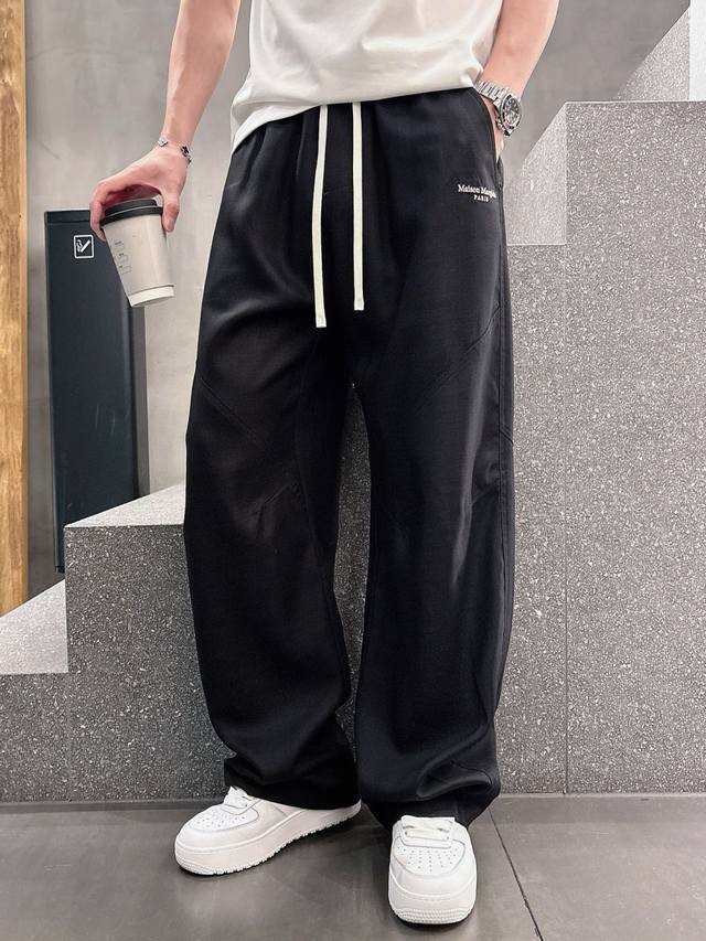 Margiela Spring and Summer Linen Blend Curved Leg Trousers, Men's Letter Embroid