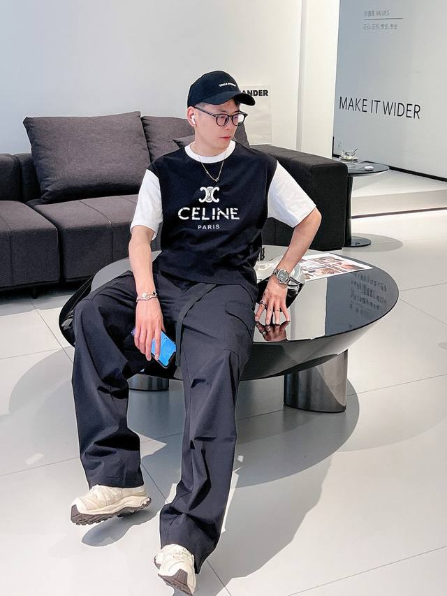 Celine splicing new letter printing double-layer heavy-duty short-sleeved T-shir