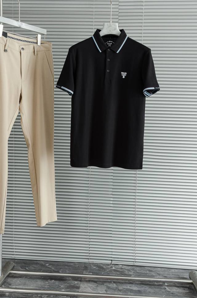 New# Prad#A Prad#2025 Men's Business Casual Solid Color Lapel Short Sleeve Polo