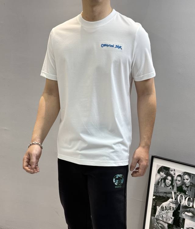 Cd*Dio*R25S Spring and summer new round neck T-shirt. Contrast blue heavy embroi