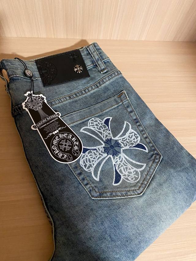 Ch Chrome Hearts 2025 Spring/Summer new cross-leather jeans Retro washing + heav