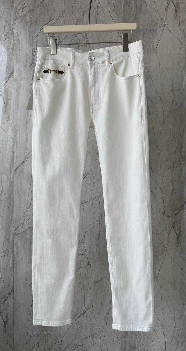 Gucc1 summer new pure white thin small straight jeans slightly elastic custom en