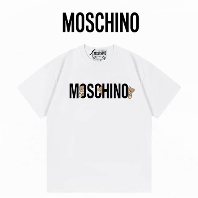 Moschino Bear print letters Washed 280g double yarn short sleeves : White : Xs-L