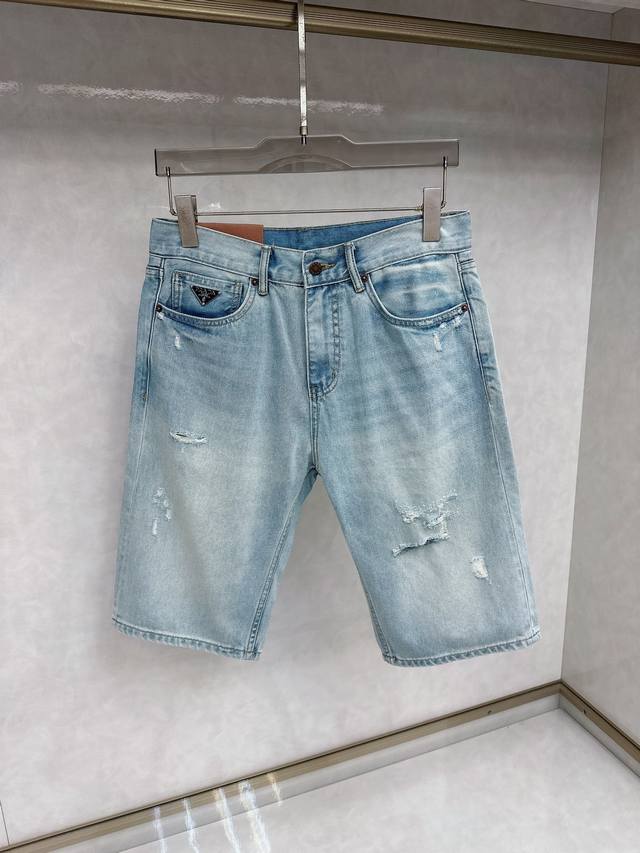 Prada 25S new men's fashion casual denim shorts, high-end European original, tre