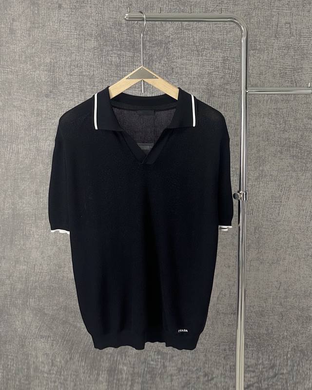 Prada 2025 new knitted ice silk cotton lapel men's Polo top This retro open coll