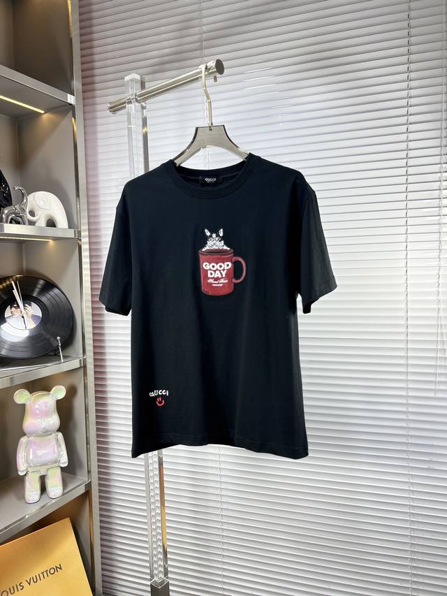 Gucc*Gucci Ss25 new summer short sleeves, top pattern logo, handsome and fashion