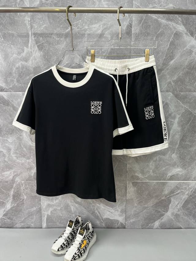 Loewe 2025Ss round neck short-sleeved shorts suit. Pure cotton fabric will not m