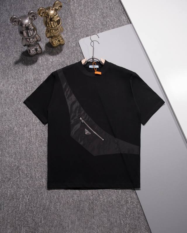 Prada round neck short sleeve T-shirt pocket zipper triangle logo official synch