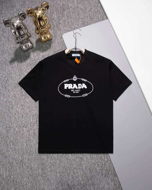 Prada round neck short sleeve T-shirt Iconic Logo letter towel embroidery logo O