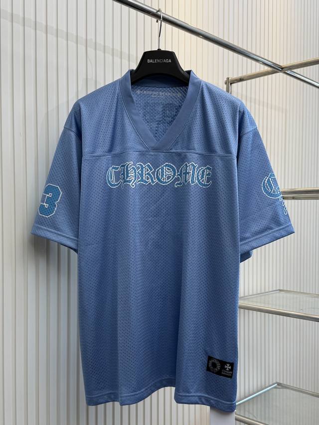 Ch Chrome Hearts 25Ss Lake Blue V-neck Mesh Short Sleeve Ice Hockey Jersey Size: