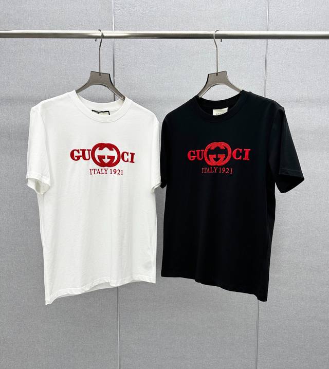 New arrival 2025 summer new Gu*Ci embroidered logo men's cotton round neck short