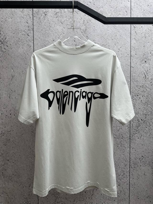 Blcg 25Ss 3B Dissolved Printing Frayed Short Sleeve T-shirt Gray and White Color