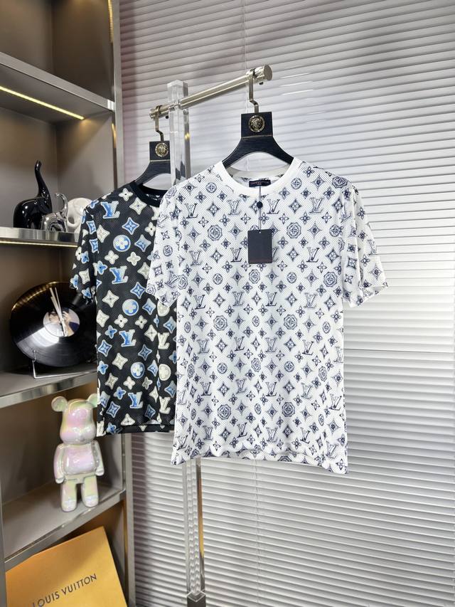 Lv*Louis Ss25 summer new style ice silk hollow short sleeves, top pattern logo,