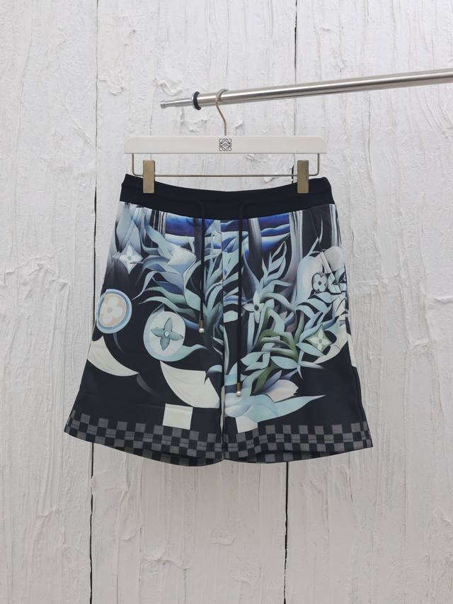 Lv* Louis 25Ss Multicolor Printed Check Plain Cotton Drawstring Shorts Made from