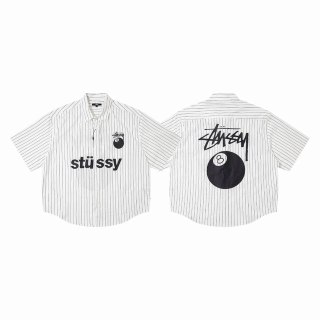 5099# Stussy classic black eight print lapel striped short-sleeved shirt 25 summ