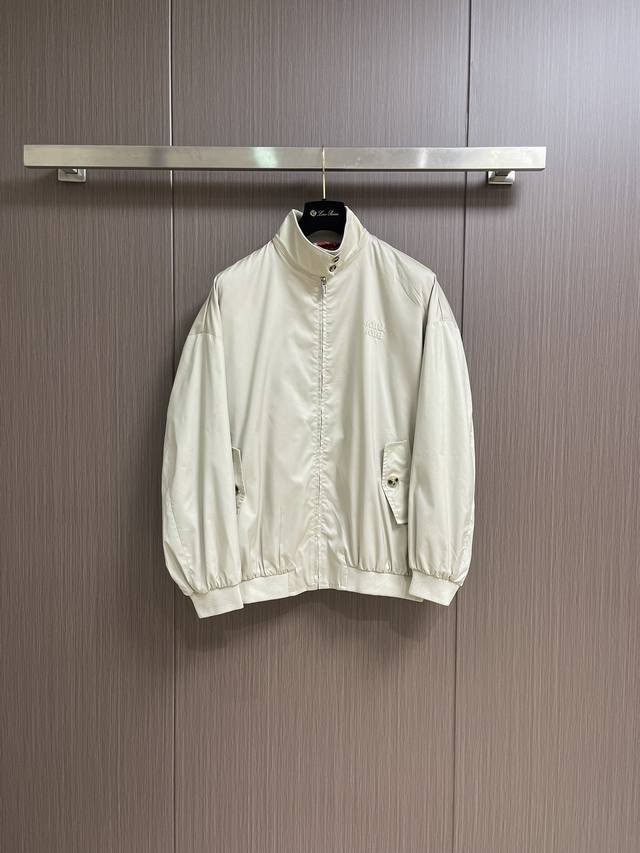 Miumiu letter patch embroidered jacket, made of light brown cotton knitted fabri