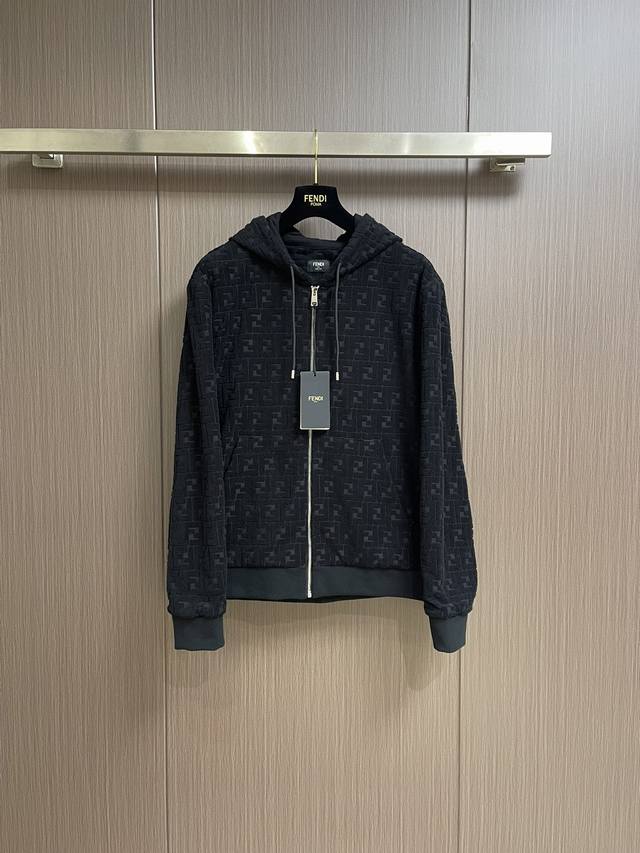 Fendi Terry Embroidery Jacquard Hooded Zipper Sweatshirt, 100% Cotton: This swea