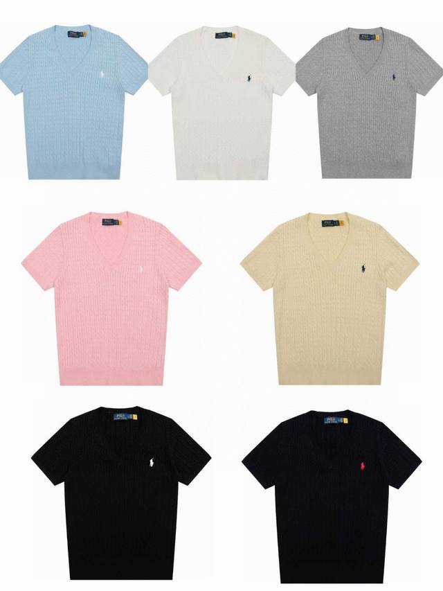 Women's Ralph Lauren V-neck solid color pony embroidered logo knitted short slee
