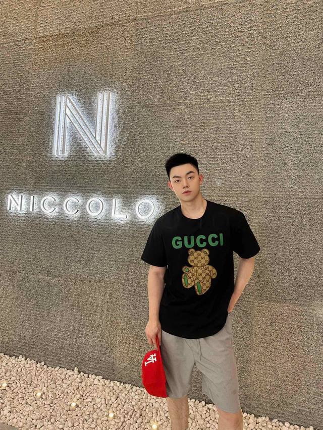 for Gucci patch double G bear embroidered round neck short-sleeved T-shirt Style