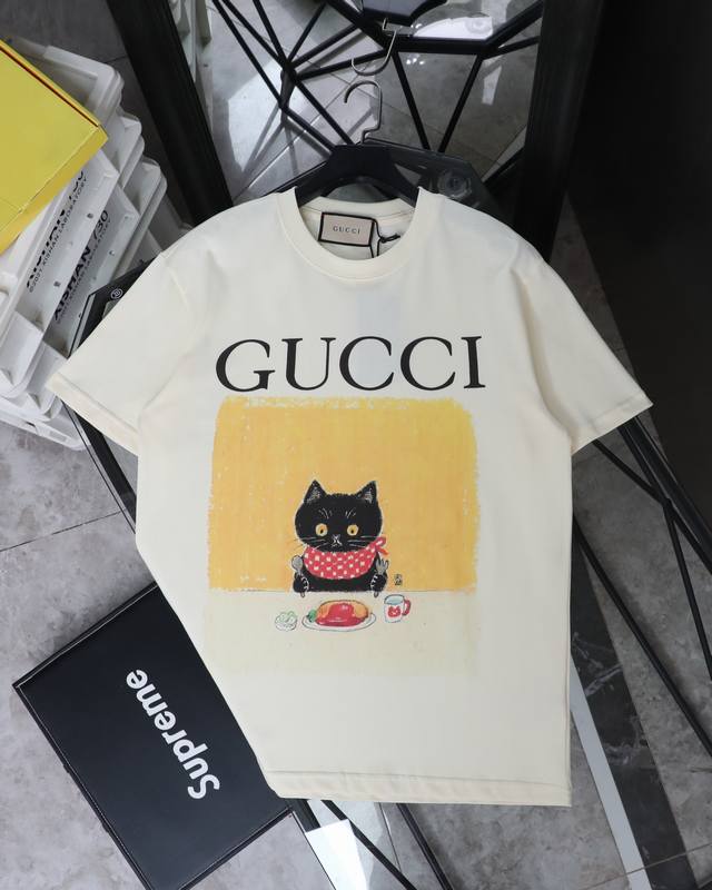 for Gucci Gucci Little Cat Dry Food Printed Round Neck Short Sleeve T-shirt Styl