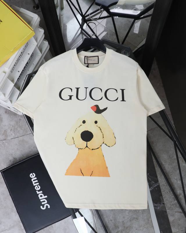 for Gucci puppy head print round neck short-sleeved T-shirt Style number: 366 Or