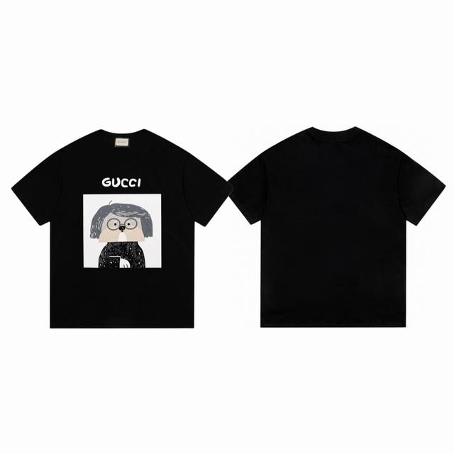 Gucci 25Ss illustration series glasses puppy print couple round neck short sleev