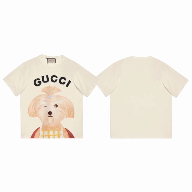 Gucci 25Ss illustration series pigtail puppy print couple round neck short-sleev