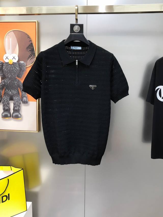 P*Ada Prada 2025 spring and summer new men's original lapel short-sleeved knitte