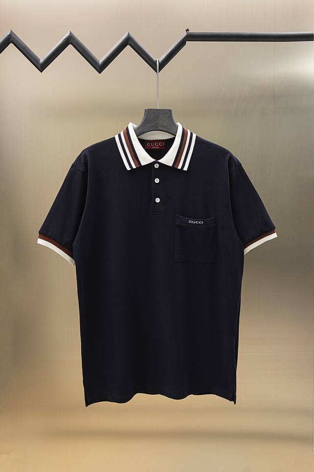 Gucci 25Ss new striped collar jacquard logo patch pocket Polo 230g cotton pique